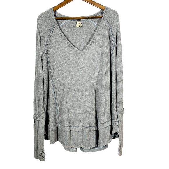 We The Free Waffle Knit Oversize Jersey Top 3/4 Sleeve Grey Gray Casual - L - Picture 1 of 4